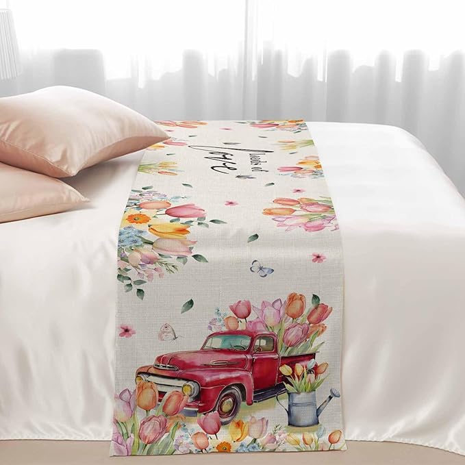 Spring Flower Tulips Red Farm Truck Bed Runners for Bedroom Hotel,Decorative Bedding Scarf Love Colorful Floral Bed End Blanket Bedding Runner Scarves for Full Size Beds,83x20in