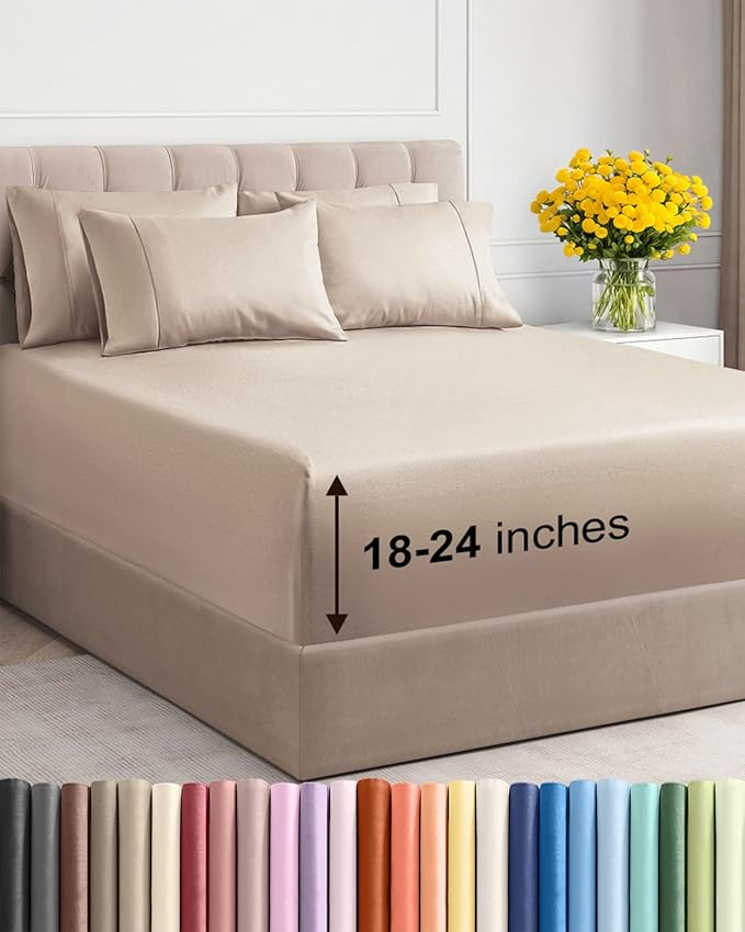 Extra Deep Full Sheet Set - 6 Piece Breathable and Cooling Sheets - Hotel Luxury Bedding for Women, Men, Kids & Teens - Easy & Secure Fit - Soft, Wrinkle Free and Comfy - Extra Deep Pockets - Wheat