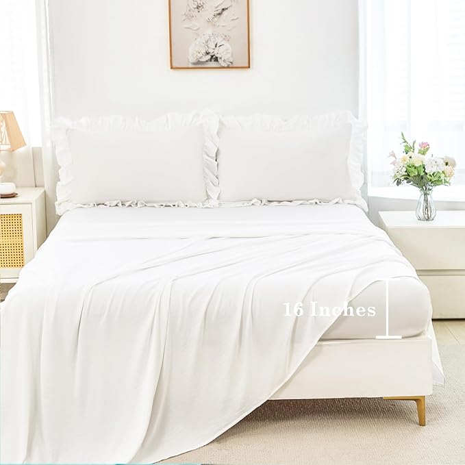 ANGIYUIN White Ruffle Comforter Set Twin 5 Pieces Ruffled Bed in A Bag with Sheets Soft Farmhouse Bedding Sets for Kids Girls Teens(White Twin)