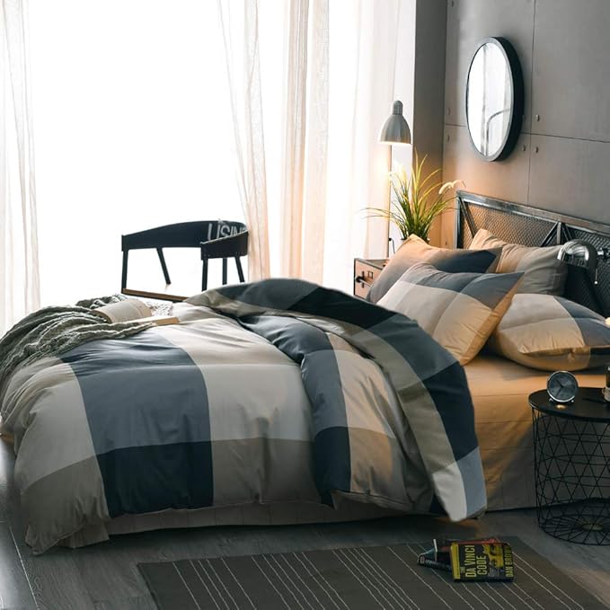 LifeTB Cotton Grid Plaid Duvet Cover Set Queen Modern Reversible Checkered Bedding Set Hotel Quality 3 Pieces Duvet Comforter Cover Luxury Soft Zipper Closure Bedding Collection (NO Comforter)