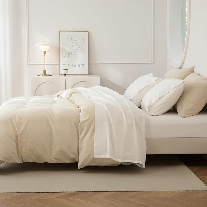 JIYUAN 100% Washed Cotton Sheet Set 4 Pieces Queen,1 Fitted Sheet,1 Flat Sheet and 2 Pillowcases,Comfy and Breathable Linen Like Bedding Set,Bright White