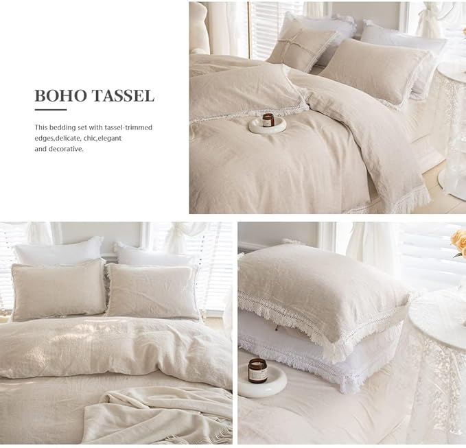Simple&Opulence 100% Linen Boho Duvet Cover,2pcs Bohemian Textured Collection Bedding Set for All Seasons,French Country Comforter Cover Set with Pillow Shams(Twin, Tassel-Linen)