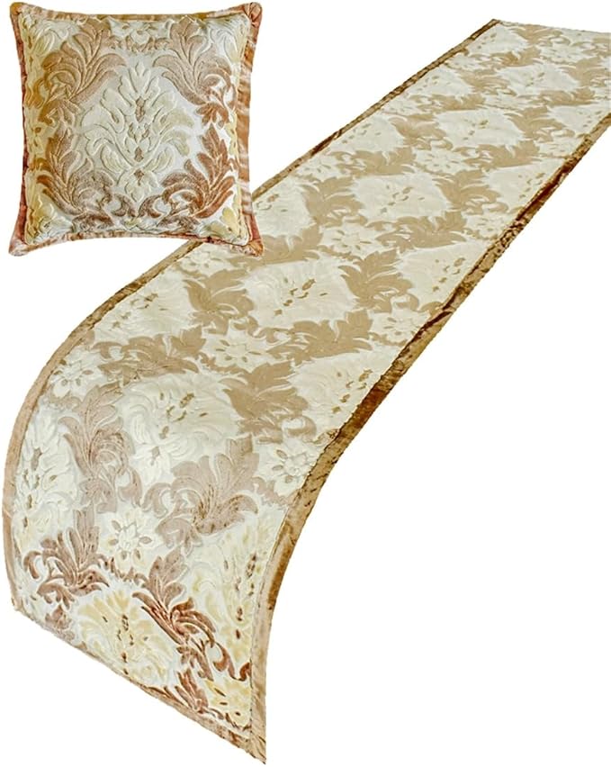 The HomeCentric King/Queen/Twin Beige Luxury King 90"x18" Bed Runner Without Pillow Cover, Damask Bed Scarf on Velvet Fabric - Emmeline