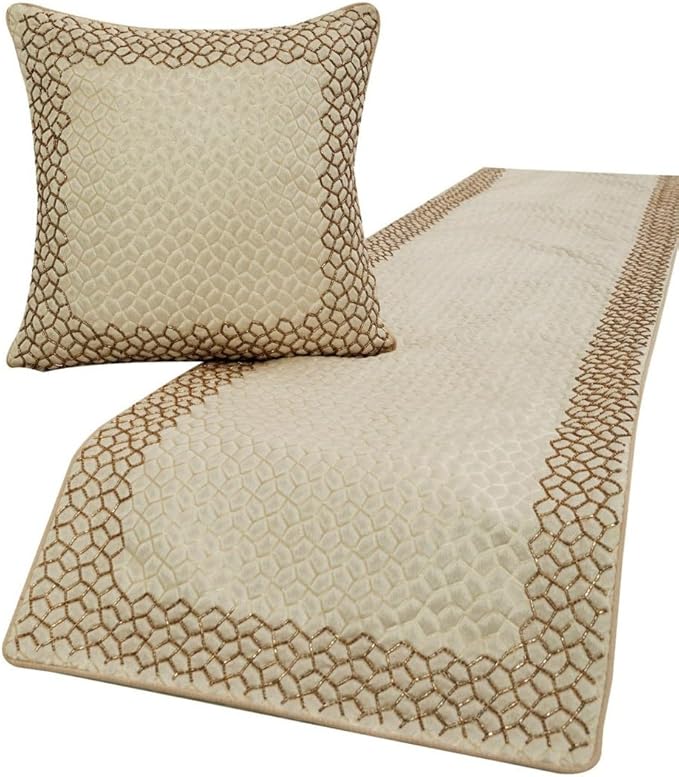 The HomeCentric King/Queen/Twin Ivory & Gold Designer Queen 74"x18" Bed Runner with Pillow Cover, Mosaic & Beaded Bed Scarf on Jacquard Fabric - Tessellation