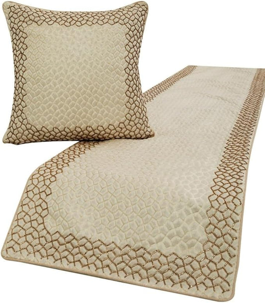 The HomeCentric King/Queen/Twin Ivory & Gold Designer Queen 74"x18" Bed Runner with Pillow Cover, Mosaic & Beaded Bed Scarf on Jacquard Fabric - Tessellation