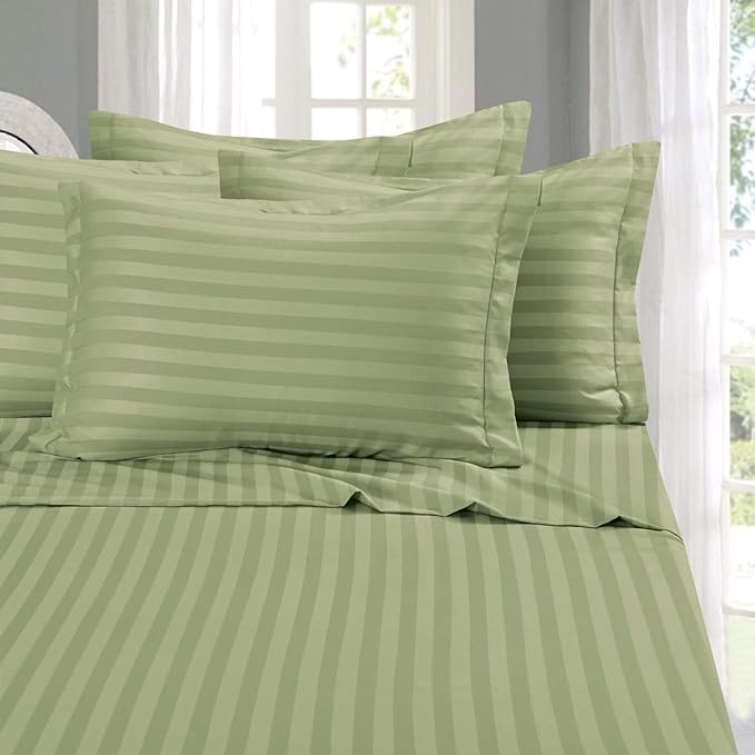 Elegant Comfort Softest and Coziest 4-Piece Sheet Set - 1500 Premium Hotel Quality Microfiber - Luxurious Wrinkle Resistant 4-Piece Damask Stripe Bed Sheet Set, Twin XL, Sage/Green