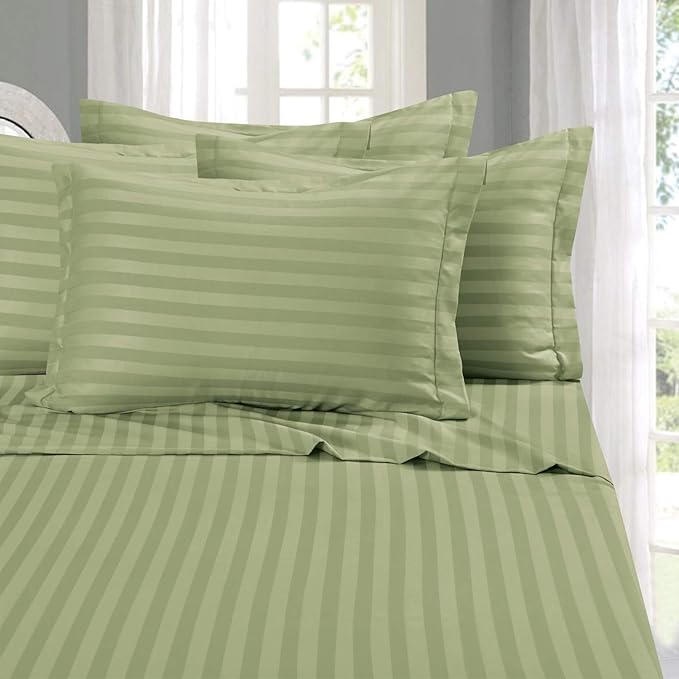 Elegant Comfort Softest and Coziest 4-Piece Sheet Set - 1500 Premium Hotel Quality Microfiber - Luxurious Wrinkle Resistant 4-Piece Damask Stripe Bed Sheet Set, Twin, Sage/Green