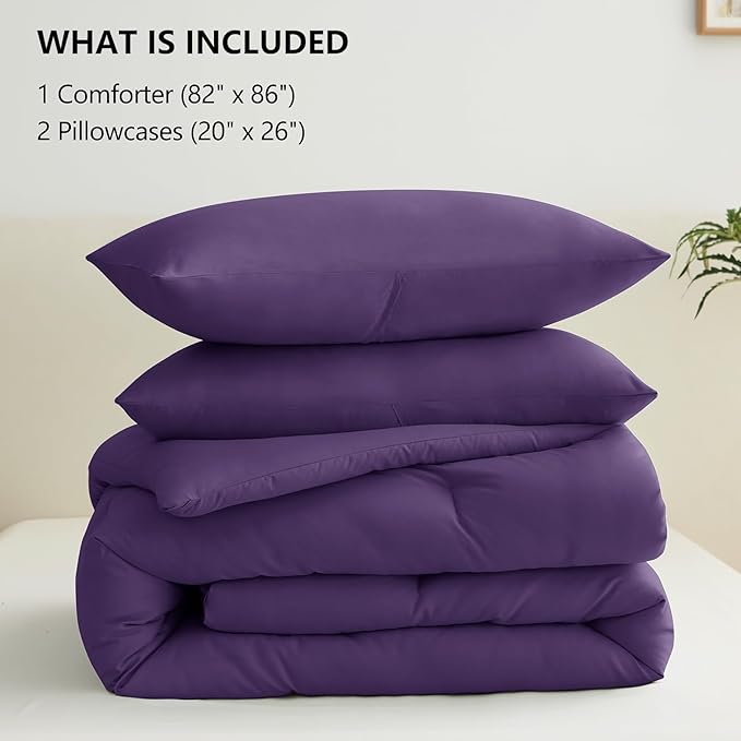CozyLux Full Size Comforter Set Purple, 3 Pieces Solid Breathable Quilted Style Bedding Sets, Luxury Soft Bed Set with Down Alternative Comforter for All Season (1 Comforter & 2 Pillowcases)