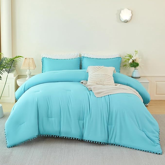 PERFEMET 5 Pcs Twin Size Comforter Set Teal Blue Pom Pom Cute Bedding Comforters for Girls Kids Teen Soft All Season Fluffy Boho Solid Bed in A Bag with Sheet Set(Teal Blue, Twin)