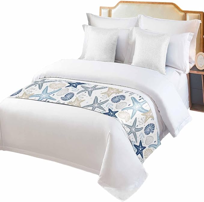 Blue Khaki Coral Bed Runner for Twin Size Bed, Bedspread Protector Slipcover Bed Scarf for Foot Bed Runners & Scarves for Bedroom Hotel 71x20 Inches Spring Summer Coastal Starfish Beach Nautical Conch