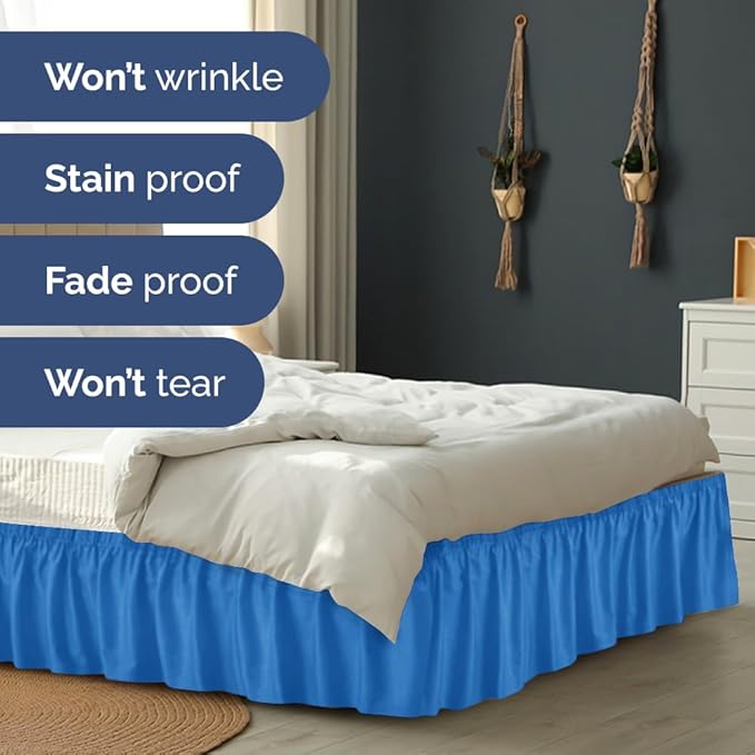 Wrap Around Dust Ruffle Bed Skirt - Royal Blue - for Queen Size Beds w/ 15 Inch Drop - Easy Fit Elastic Strap - Adjustable Pleated Bedskirt w/Brushed Fabric - Wrinkle Free, Women, Men, Kids & Teens