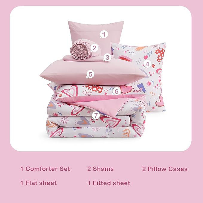 Full Comforter Set for Girls Kids - 7 Pieces Heart Full Size Bedding Sets for Kids, Soft Cozy Bed in A Bag with Sheets