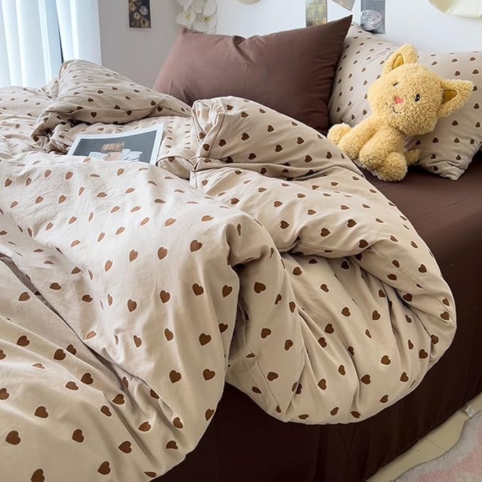Nayoroom Brown Heart Duvet Cover Full Size Vintage Hearts Printed on Taupe Duvet Cover Kids Girls 3 Pieces Soft Microfiber Farmhouse Bedding Set with Zipper Closure