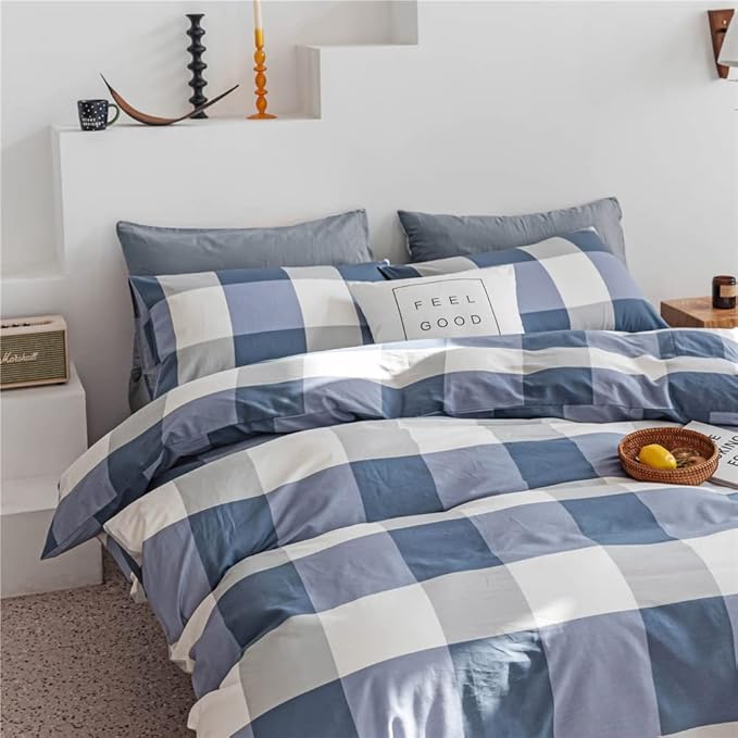 LifeTB Twin XL Comforter Set Modern Style Plaid Checkered Pattern Comforter Soft Fluffy Blue White Grey Geometric Comforter with 2 Pillowcases for Men Boy Teen All Seasons Comforter Set Twin XL Size