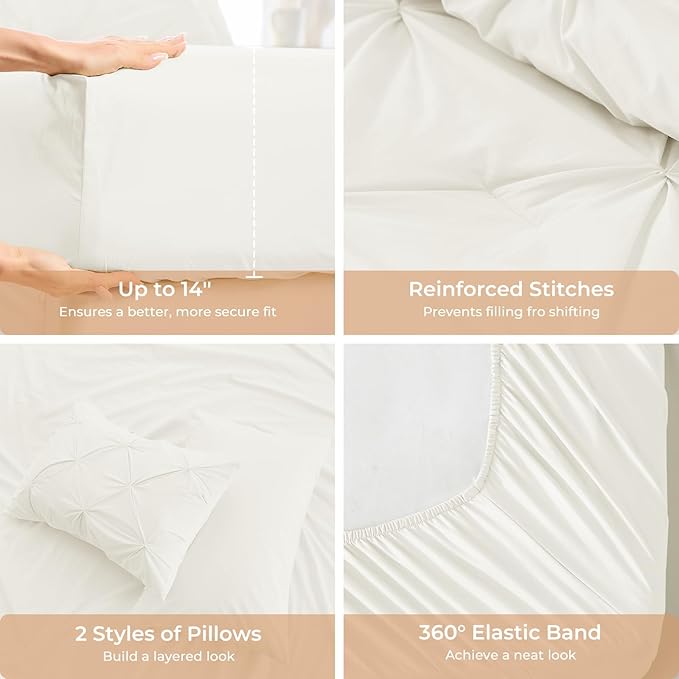 Sasttie King Size Comforter Set, 7-Piece Bed in a Bag, Pintuck Bedding Set for All Season, Includes Comforter, Flat Sheet, Fitted Sheet, Pillowcases and Pillowshams, Ivory
