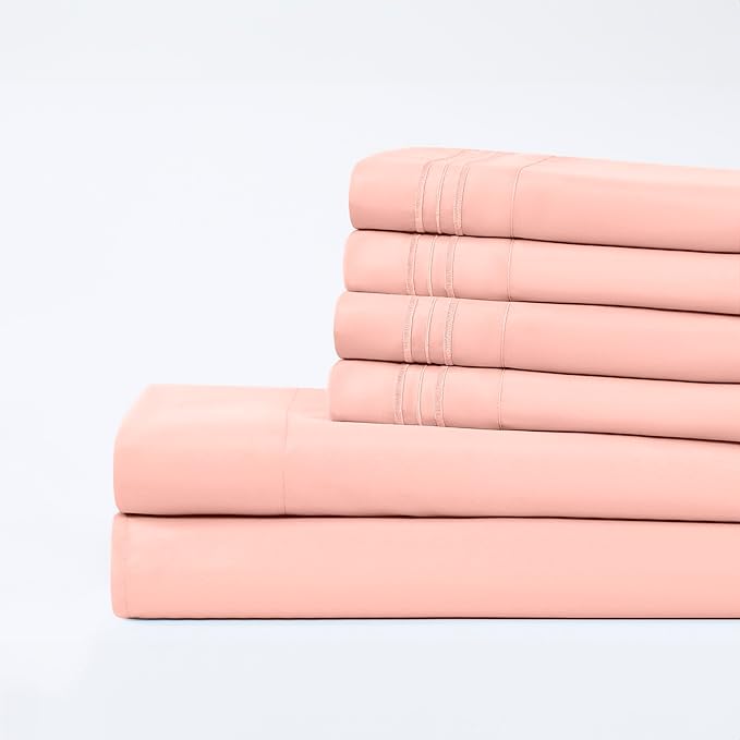 Modern Threads 6-Piece Bed Sheet Set - Deep Pocket, Soft Brushed Microfiber Sheets, Cool & Breathable for Mattress Up to 21 Inches, Includes 4 Pillowcases, Flat & Fitted Sheets, Cloud Pink Queen
