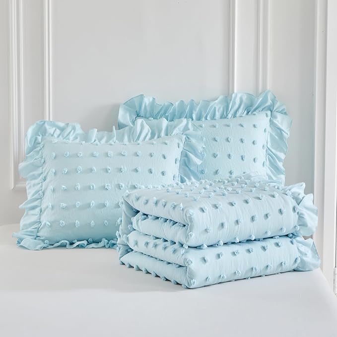 Flysheep Tufted Dots Ruffle Comforter Set Twin Size, 3 Pieces Blue Vintage Farmhouse Shabby Chic Comforters, Jacquard Boho Bohemian Bedding Set for Kids (1 Ruffled Comforter+ 2 Pillow Shams)