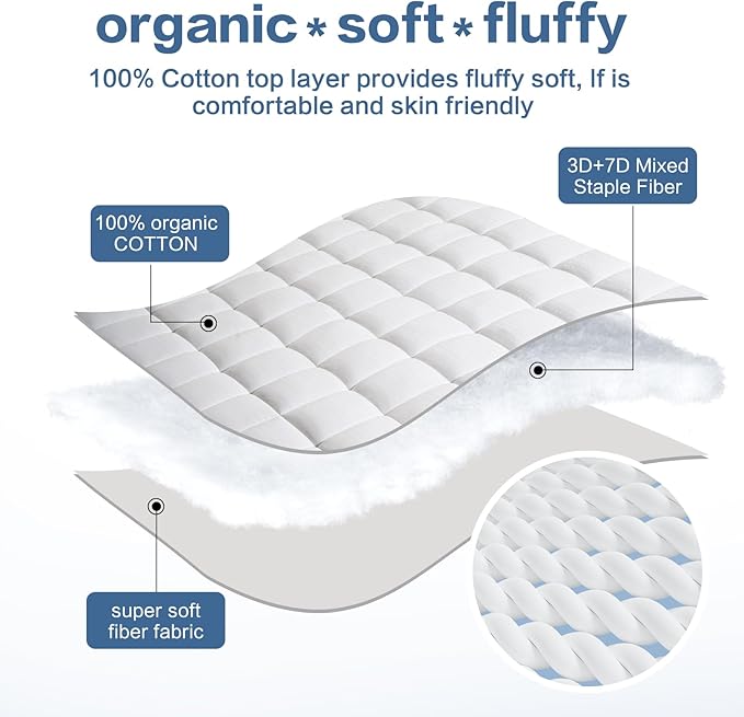 LEISURE TOWN Cotton Mattress Pad Full Size Fitted Quilted Mattress Cover Pillow Top Mattress Topper Cooling Soft Breathable Mattress Protector with 8-21 Deep Pocket,Machine Washable (54x75 White)