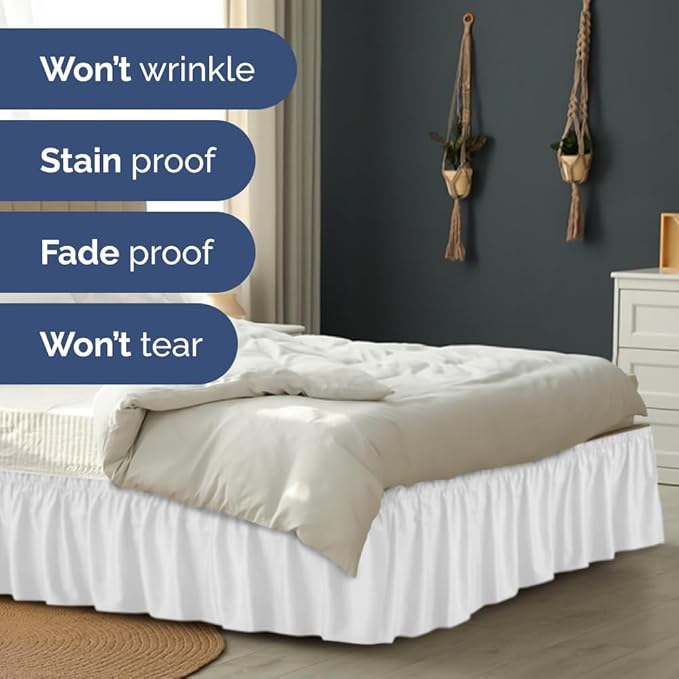 Wrap Around Dust Ruffle Bed Skirt - White - Twin/Twin XL Size Beds with 24 Inch Drop - Easy Fit Elastic Strap - Adjustable Pleated Bedskirt w/Brushed Fabric - Wrinkle Free - Women, Men, Kids & Teens