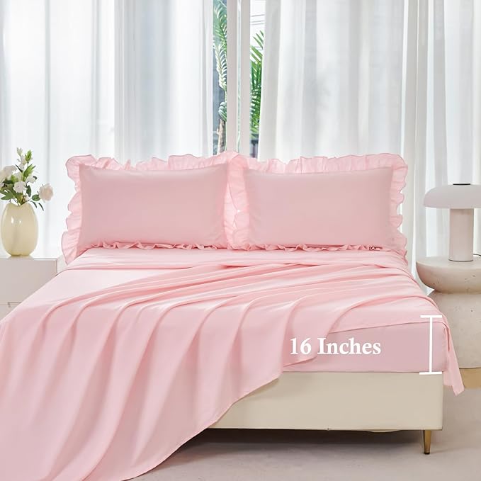 ANGIYUIN Pink Girls Comforter Sets Full Size 5 Pieces Shabby Chic Ruffle Kids Bed in A Bag with Sheets Farmhouse Soft Fluffy Bedding Comforter Sets with Pillowcases(Pink Full)