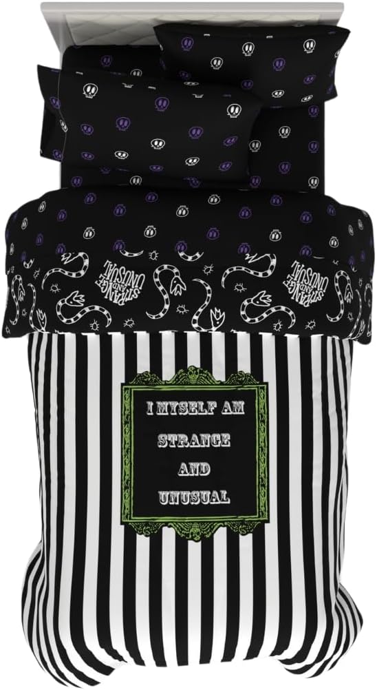Franco Collectibles Beetlejuice Halloween Striped Bedding 4 Piece Super Soft Comforter and Sheet Set, Twin, (Officially Licensed Product)