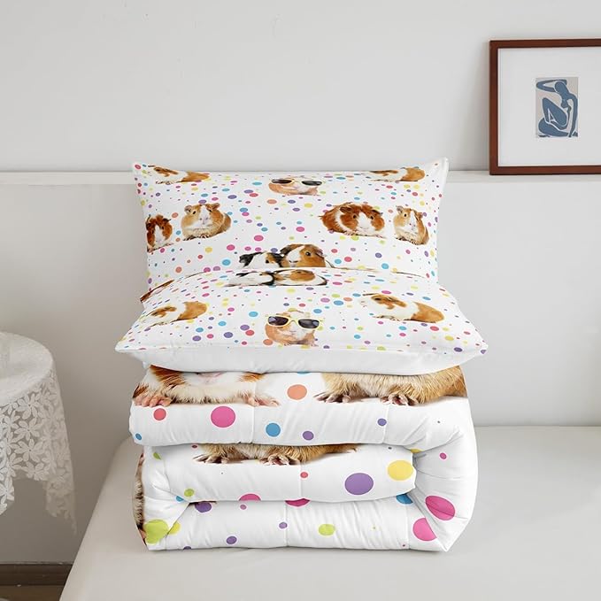 Guinea Pig Bedding Set for Girls Boys Children Cute Cavy Pattern Comforter Decorative Cartoon Lovely Pet Animal Comforter Set Colorful Polka Dots Duvet Set Queen Size 3Pcs Bedspreads Coverlet Sets