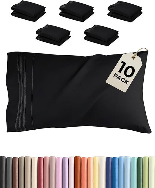 Queen Pillow Cases Set of 10 - Ultra Soft Hotel Quality Pillowcase Covers - Comfy & Wrinkle Free - Shrink, Stain and Fade Resistant - Easy-Care, Machine Washable Pillow Protectors - 10 Pcs Set - Black