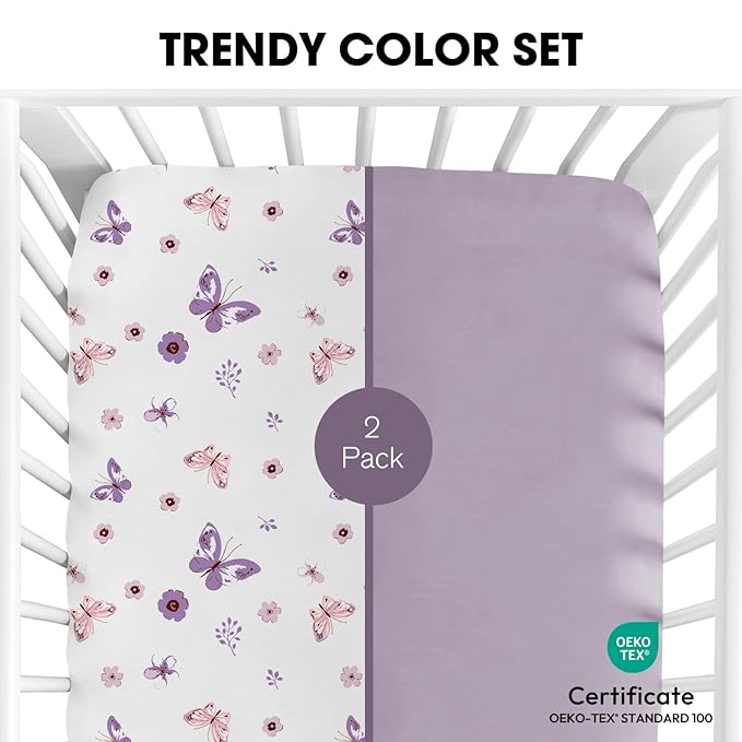 Little Grape Land Crib Sheets for Boys and Girls, 2pk Baby Crib Fitted Sheet for Standard Size Crib and Toddler Mattress, Super Soft Baby Sheet (Purple Butterfly)