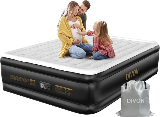 DIVON Air Mattress Queen with Built in Pump,Blow Up Mattress with Wave Pattern in 3 Mins,18'' Quick Inflatable Mattress, Luxury Airbed for Home&Camping,Black,660lbs