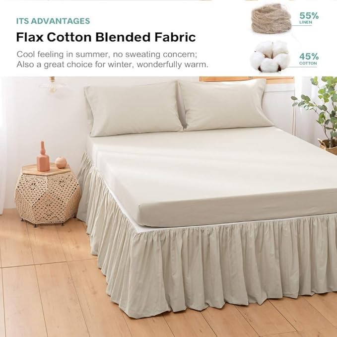 BISELINA French Linen Bed Skirt with Pleated Frills 14-Inch Tailored Drop Natural Flax Cotton Blend Dust Ruffle Soft Cozy Farmhouse Bedding (14" California King, Ruffle Linen)