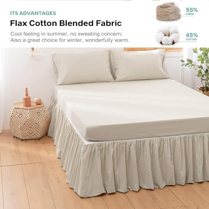 BISELINA French Linen Bed Skirt with Pleated Frills 14-Inch Tailored Drop Natural Flax Cotton Blend Dust Ruffle Soft Cozy Farmhouse Bedding (14" King, Linen)