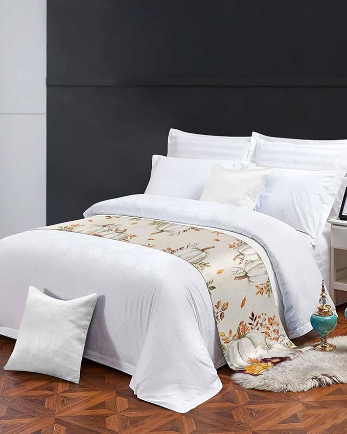 Thanksgiving Pumpkin Fall Maple Leaf Watercolor Bed Runners for Bedroom Hotel,Decorative Bedding Scarf Retro Linen Bed End Blanket Bedding Runner Scarves for Queen Size Beds,94x20in