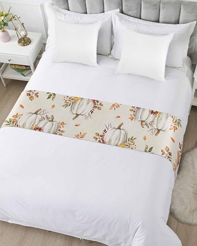 Thanksgiving Pumpkin Fall Maple Leaf Watercolor Bed Runners for Bedroom Hotel,Decorative Bedding Scarf Retro Linen Bed End Blanket Bedding Runner Scarves for California King Size Beds,102x20in