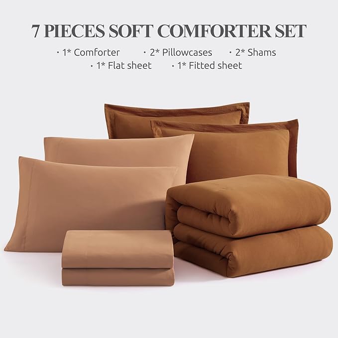 WRENSONGE Queen Comforter Set- 7 Pieces Terracotta Bed in a Bag Queen with Fitted Sheet, Flat Sheet, 2 Shams, and 2 Pillowcases- Warm Bedding Sets for All Season