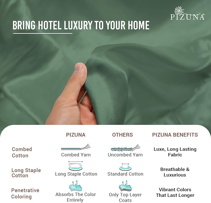 Pizuna Pure 100% Cotton Sheet Set Twin, Luxurious 400 Thread Count Long Staple Cotton Sateen Sheets Twin with 15" Deep Pocket (Hedge Green)