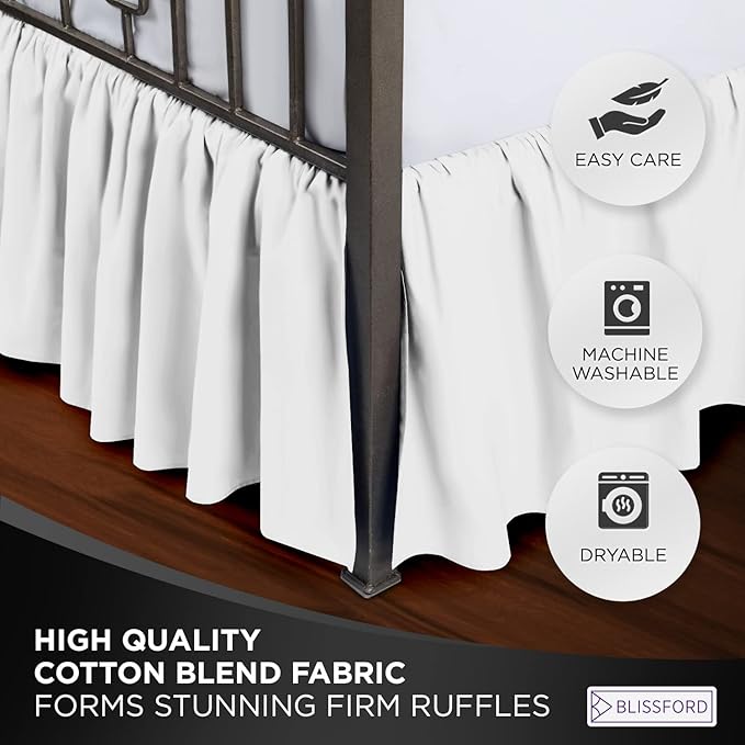 BLISSFORD White Bed Skirt Queen Size 18 inch Drop - with Split Corners - Cotton Blend Ruffled Bed Skirt, Dust Ruffle with Platform, White Queen Size Bedskirt, Machine Washable