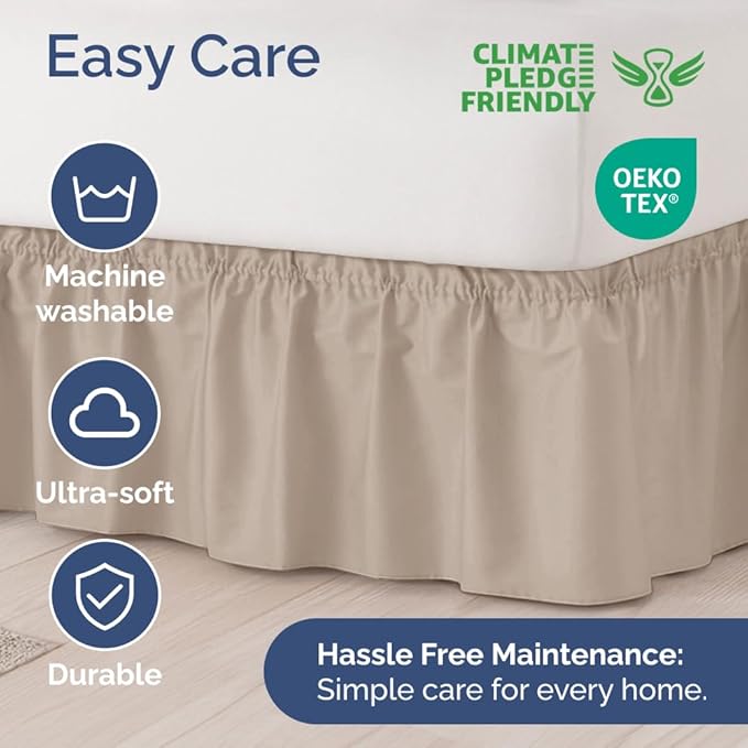 Wrap Around Dust Ruffle Bed Skirt - Wheat - Twin/Twin XL Size Beds w/ 15 Inch Drop - Easy Fit Elastic Strap - Adjustable Pleated Bedskirt w/Brushed Fabric - Wrinkle Free - Women, Men, Kids & Teens