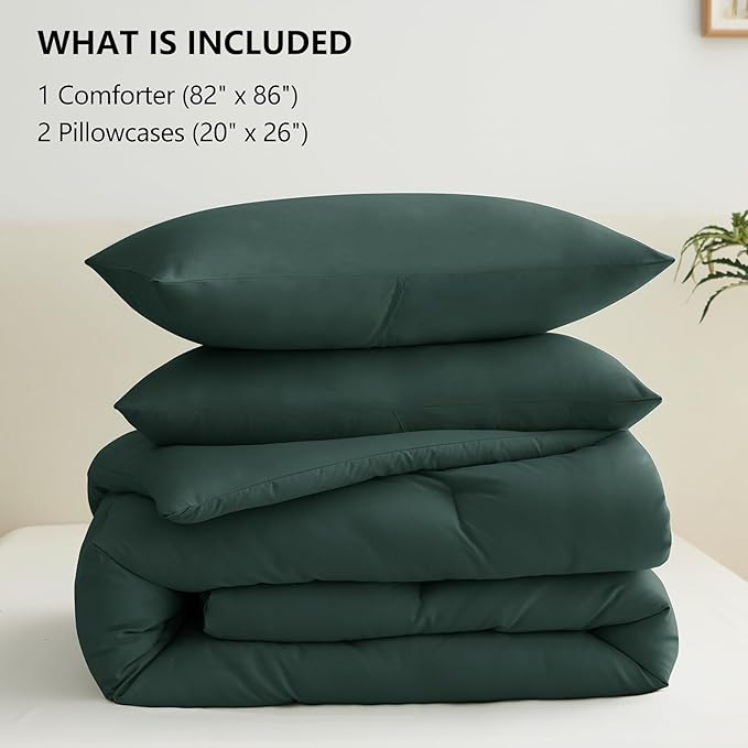 CozyLux Full Size Comforter Set Forest Green, 3 Pieces Solid Breathable Quilted Style Bedding Sets, Luxury Soft Bed Set with Down Alternative Comforter for All Season (1 Comforter & 2 Pillowcases)