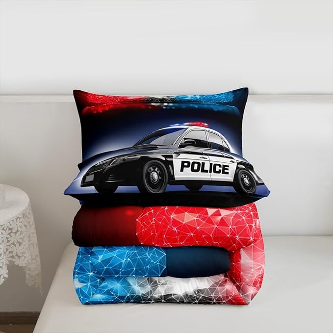 Erosebridal Police Car Comforter Sets King Size,Policeman Vehicle Bedding Set for Kids Boys Children,Red Blue Cop Lights Down Comforter Geometric Graphics Duvet Sets Bedroom Decor with 2 Pillow Cases