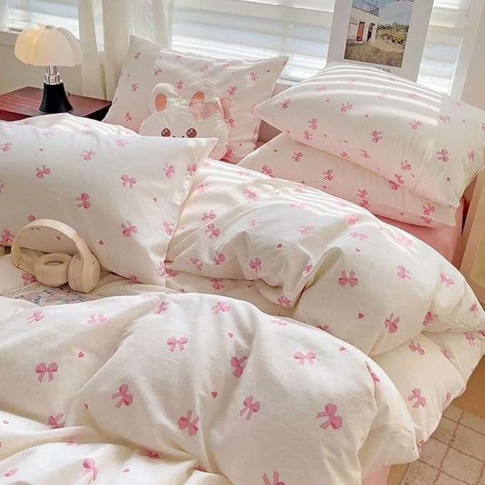 Nayoroom Pink Bow Duvet Cover Full Size Heart Bows Printed Coquette Bedding Set 3 Pcs Kids Girls Cute Comforter Cover with Zipper Closure Soft Breathable Microfiber
