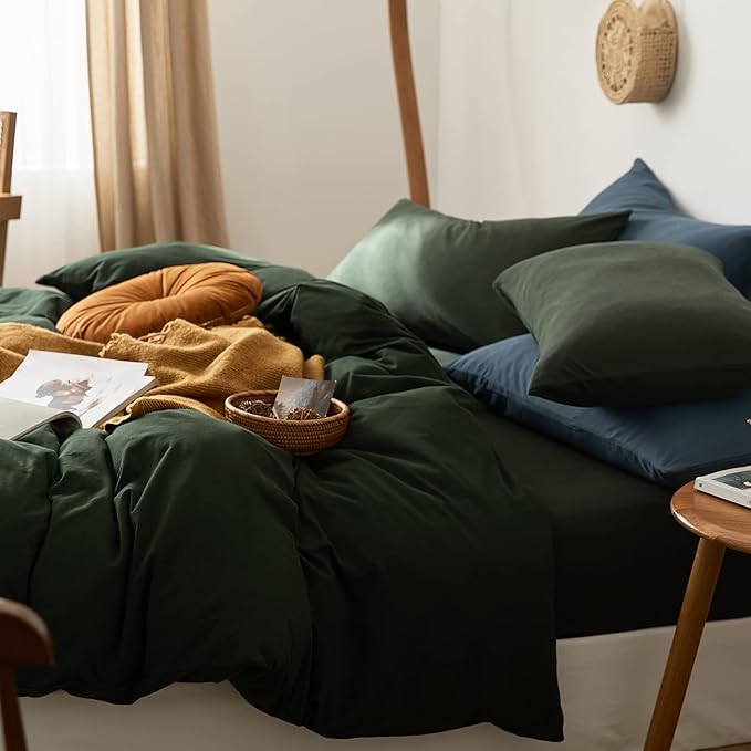 LifeTB Olive Green Duvet Cover Queen Size 3 Pieces Jersey Knit Cotton Bedding Duvet Cover Minimalist Dark Green Comforter Cover with Zipper Closure Breathable Soft Solid Color Bedding Set
