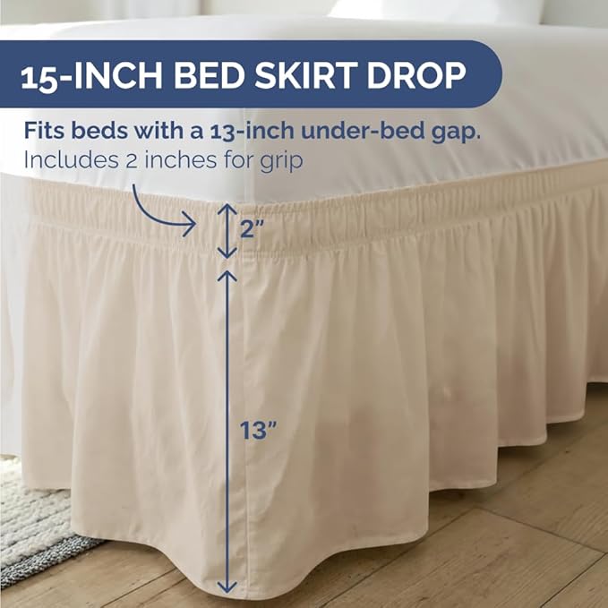 Wrap Around Dust Ruffle Bed Skirt - Wheat - for Full Size Beds w/ 15 Inch Drop - Easy Fit Elastic Strap - Adjustable Pleated Bedskirt w/Brushed Fabric - Wrinkle Free - for Women, Men, Kids & Teens