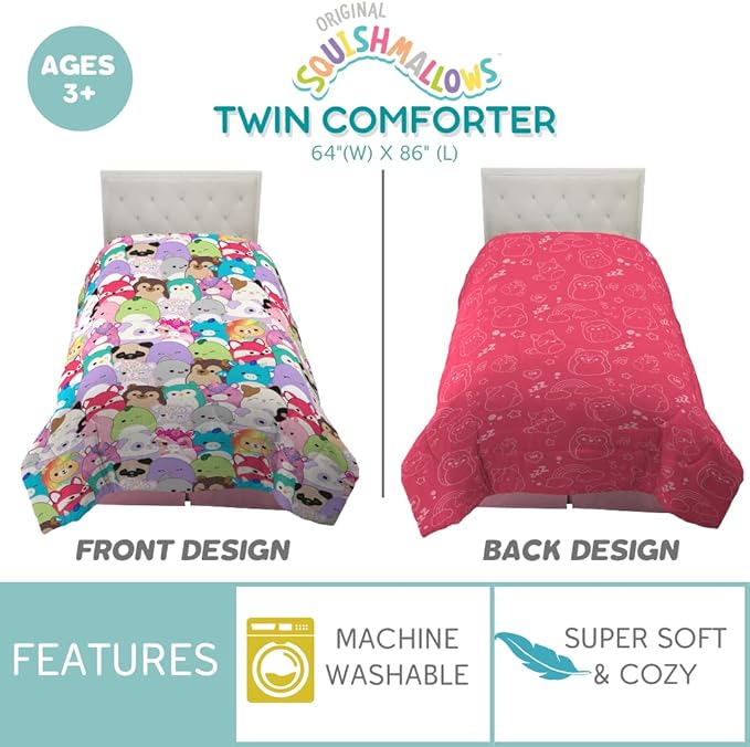 Squishmallows Bedding Super Soft Microfiber Reversible Comforter, Twin, (Official Licensed Product) by Franco