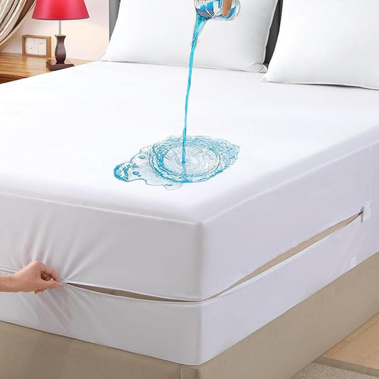 Full Waterproof Zippered Mattress Encasement, Breathable, Noiseless, Machine-Washable Zipped Mattress Cover, Fitting 7" - 13" Deep Mattress