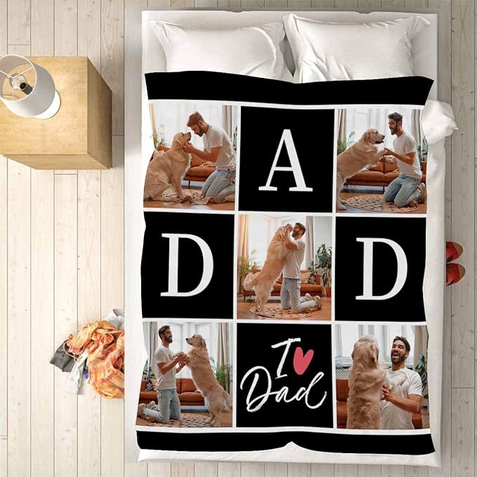 Gifts for Dad Customized Blanket with Photo, 5 Photos Personalized Happy Fathers Day Blankets with Pictures Customized Blanket Best Dad Ever Birthday Gifts for Grandpa Men, 8 Sizes