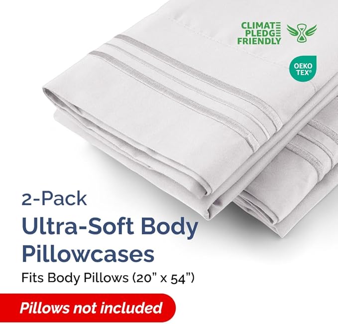 Body Pillowcases Set of 2-20x54 Long Body Pillow Case - Soft Body Pillow Cover for Sleeping & Side Sleepers - Comfy, Breathable & Wrinkle Free - Machine Washable w/Envelope Enclosure (French Grey)