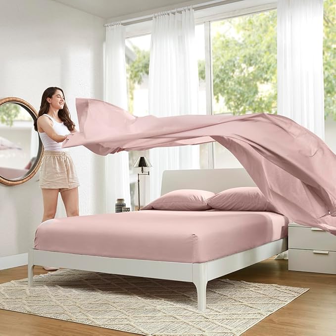 Comfort Spaces 100% Cotton Sheets Full, Breathable & Ultra Soft Cotton Sheets, Naturally Cool Cotton Bed Sheets with 14" Elastic Pocket Fits up to 16" Mattress, All Seasons Sheet Set, Pink 4 Piece