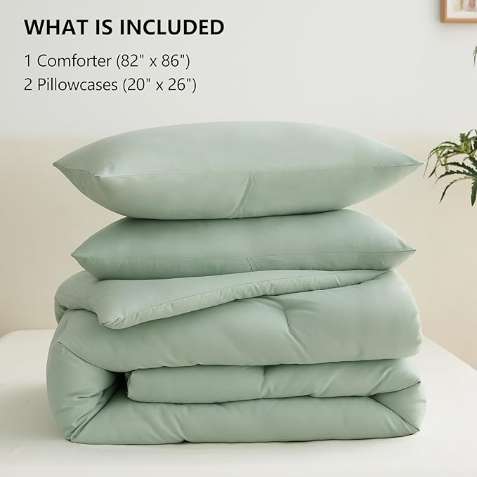 CozyLux Sage Green Full Size Comforter Set, 3 Pieces Solid Breathable Quilted Bedding Sets, Luxury Fluffy Soft Bed Set with Down Alternative Comforter for All Season (1 Comforter & 2 Pillowcases)