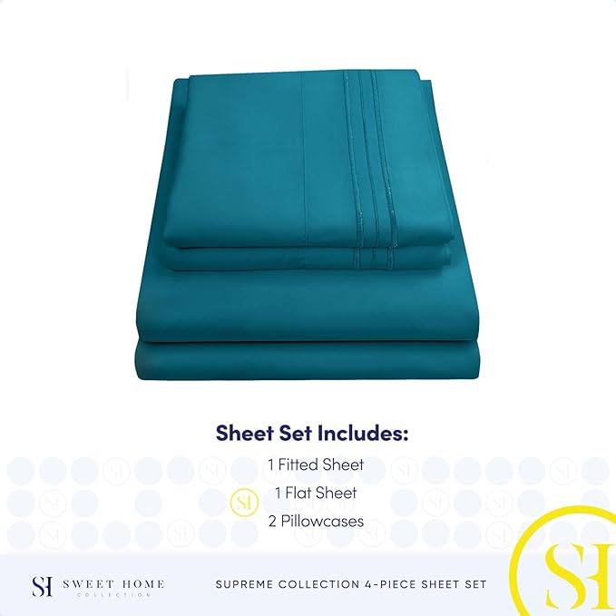 Split King Sheets - Breathable Luxury Sheets with Full Elastic & Secure Corner Straps Built In - 1800 Supreme Collection Extra Soft Deep Pocket Bedding Set, Sheet Set, Split King Size, Teal