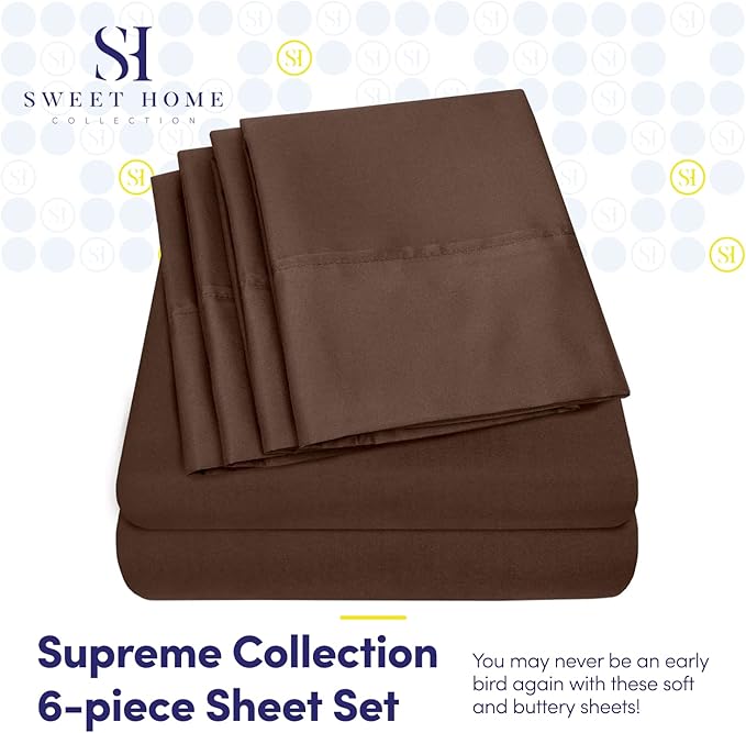 Full Size Bed Sheets - 6 Piece 1500 Supreme Collection Fine Brushed Microfiber Deep Pocket Full Sheet Set Bedding - 2 Extra Pillow Cases, Great Value, Full, Brown